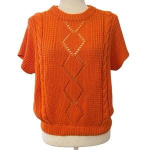 Vintage Handmade Womens Orange Crochet Short Sleeve Sweater